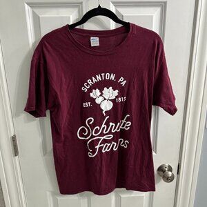 Schrute Farms t-shirt, maroon size not listed but probably a medium or large